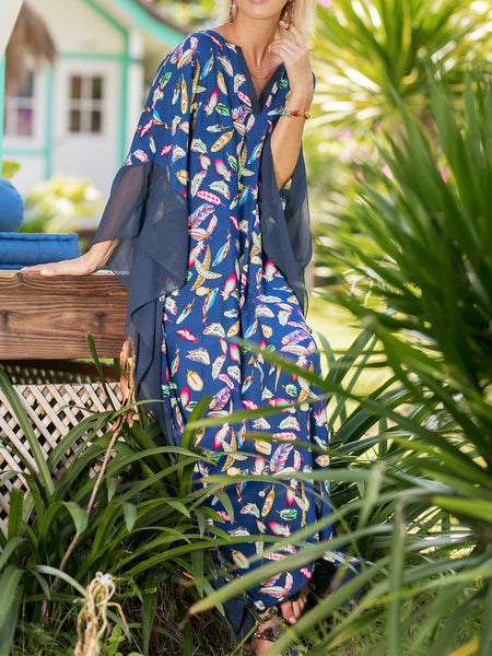 Fashion Floral Print V Neck Batwing Sleeve Boho Maxi Long Dress