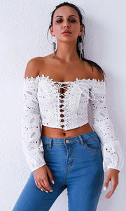 sexy off shoulder puff sleeve vintage hollow shirts tops blouse