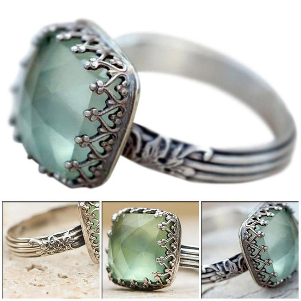 Vintage Thai Silver Mint Green Moonstone Ring Simple Green Square Zircon Ring For Women Fashion Retro Female Rings Jewelry