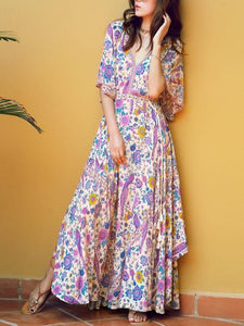 Belted Floral Printed Deep V Neck Off Back Maxi Dress