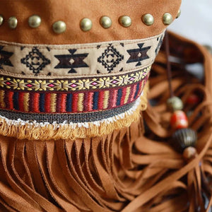 Bohemian Brown Beaded Embroidered Tassel Bucket Bag