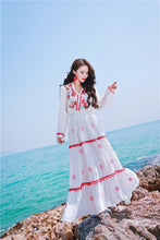 Load image into Gallery viewer, Floral Embroidered Hippie White Long Sleeve Pompom Maxi Dress