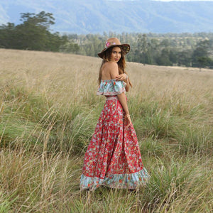 Red Off-the-shoulder Bohemia Maxi Chiffon Floral Print Dress Beach Style Vacation Dress