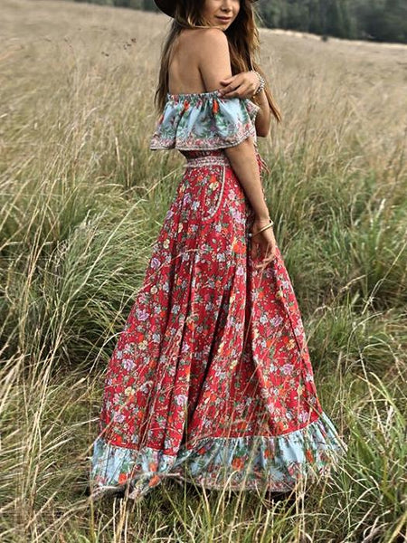 Red Off-the-shoulder Bohemia Maxi Chiffon Floral Print Dress Beach Style Vacation Dress