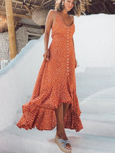 Load image into Gallery viewer, New Holiday Wind Sling V-neck Ruffled Wave Dot Print Bohemian Maxi Dress Long Skirt