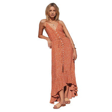 Load image into Gallery viewer, New Holiday Wind Sling V-neck Ruffled Wave Dot Print Bohemian Maxi Dress Long Skirt