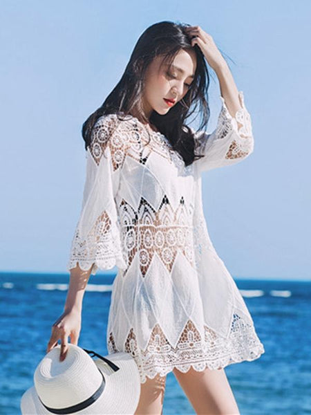 Cutout Sexy Beach Bikini Cover Shirt Long Section of Sleeves Hollow Beach Sunscreen Shirt Cover Up