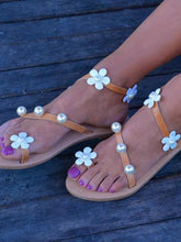Load image into Gallery viewer, Flat Bottomed Flower and Pearl Adornment Toed Casual Sandals