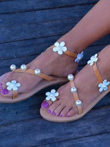 Flat Bottomed Flower and Pearl Adornment Toed Casual Sandals