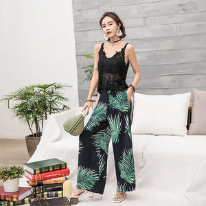 Bohemian Wide-leg Pants High Waist with Floral Pants Seaside Holiday Beach Trousers