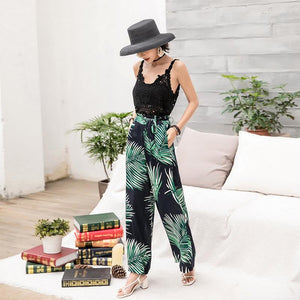 Bohemian Wide-leg Pants High Waist with Floral Pants Seaside Holiday Beach Trousers