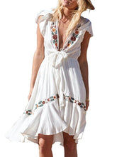 Load image into Gallery viewer, Bohemian Sexy Deep V-neck Lace-up Short-sleeved Embroidered Holiday Mini Dress