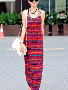 Bohemian Long Skirt Hanging Neck Color Beaded Striped Beach Dress Long Dress