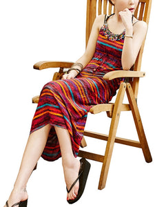 Bohemian Long Skirt Hanging Neck Color Beaded Striped Beach Dress Long Dress