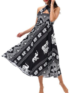 Elephant Print Beachwear Fashion Two Wear Tube Top Dress Strap Big Swing Skirt