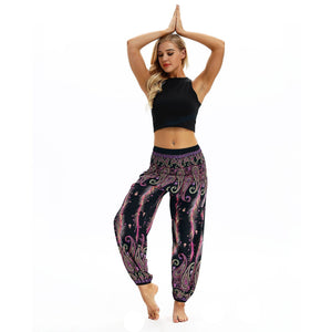 Peacock Feather Print Pocket Yoga Pants Casual High Waist Bloomers