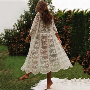Lace Openwork Mesh Long-sleeved Cardigan Beach Holiday Cardigan Cover Up