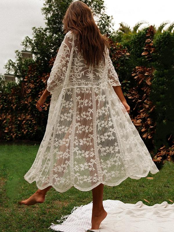 Lace Openwork Mesh Long-sleeved Cardigan Beach Holiday Cardigan Cover Up