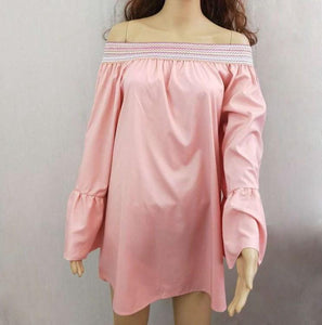 Loose Solid Color Shoulder Long Sleeve Pleated Dress