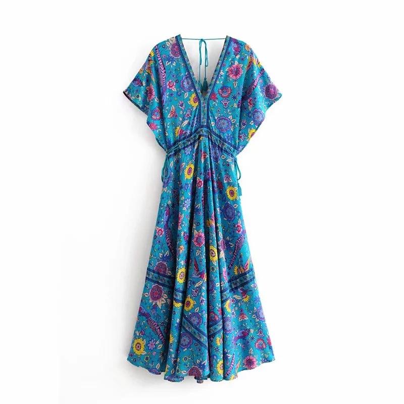 Bohemian Holiday Wind Dress Retro Peacock Print Lace Long Dress
