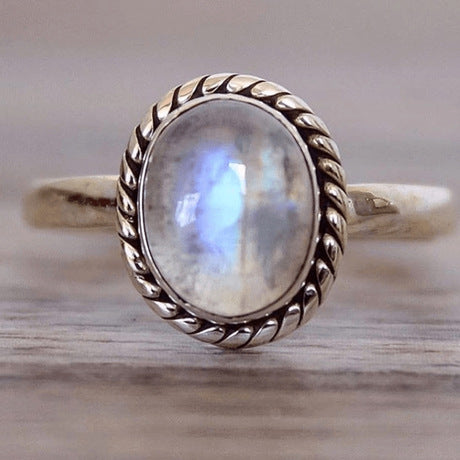 Punk style vintage Thai silver ring set with natural moonstone plated jewelry