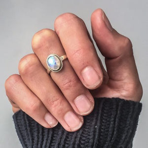 Punk style vintage Thai silver ring set with natural moonstone plated jewelry