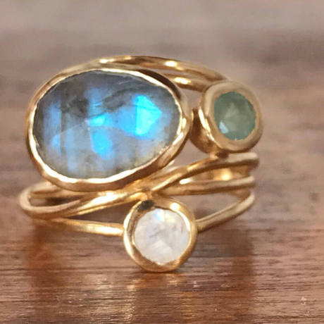 Plated 24k yellow gold inlaid colorful moonstone ring  beauty creative multi-layer simulation shell ring