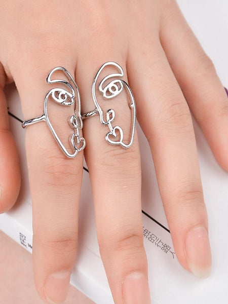 2PCS/Set Hip Hop Unique Abstract Face Ring Set Hollow Minimalist Matching Half Face Rings for Women Anillos Mujer Couple Ring