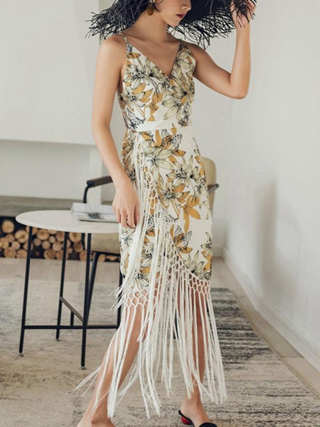 Bohemian Floral Fringe Sling Bag Hip Dress Midi Dress