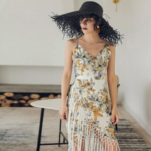 Bohemian Floral Fringe Sling Bag Hip Dress Midi Dress