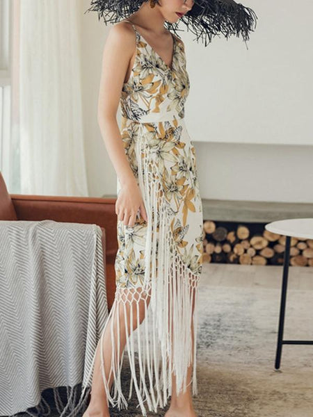 Bohemian Floral Fringe Sling Bag Hip Dress Midi Dress