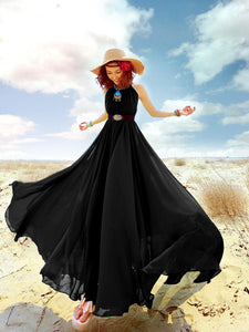Bohemian Solid Color Chiffon Huge Hem Maxi Long Dress