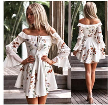 Load image into Gallery viewer, One-shoulder Strapless Trumpet Sleeve Print Mini Dress