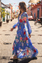 Load image into Gallery viewer, Autumn and Spring Long Sleeve Floral Dress Printed with Blue Waist Showing Thin Bandage Dress
