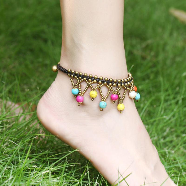 National wind foot decoration beach new multi-layer ball beads turquoise woven anklet female retro original