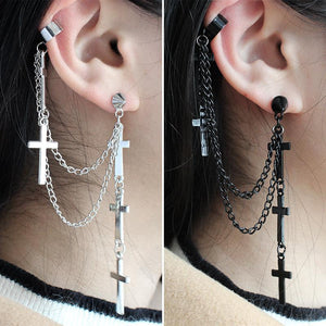 Cross cross tassel earrings Personality metal punk wind ladies ear clip earrings