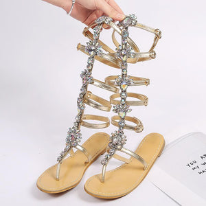 Flat bottom toe sandals rhinestone high to help women's shoes