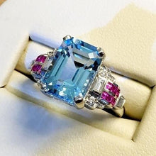 Load image into Gallery viewer, Topaz aquamarine ring inlaid red corundum ornament