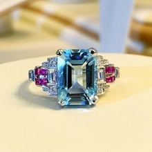 Load image into Gallery viewer, Topaz aquamarine ring inlaid red corundum ornament