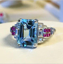 Load image into Gallery viewer, Topaz aquamarine ring inlaid red corundum ornament