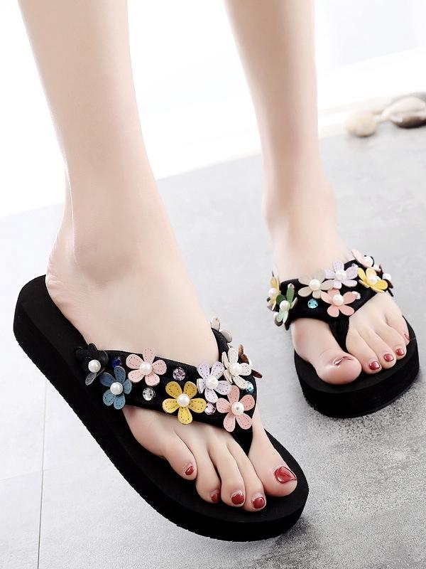 Floral High Heeled Cotton Peep Toe Beach Casual Slippers