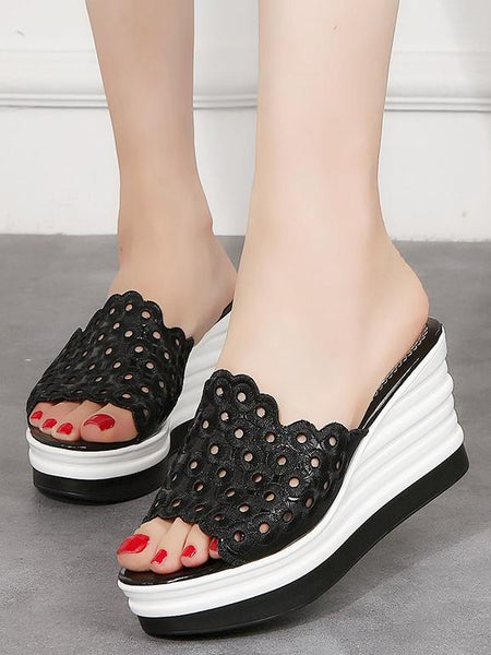 Embroidery Hollow Out High Heeled Peep Toe Date Wedge Sandals