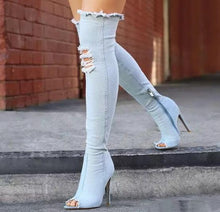 Load image into Gallery viewer, Denim Peep Toe Side Zipper Boots