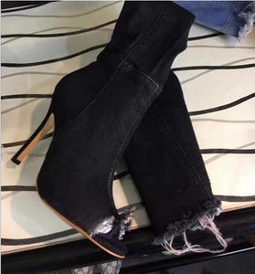 Denim Peep Toe Side Zipper Boots