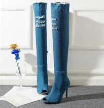 Load image into Gallery viewer, Denim Peep Toe Side Zipper Boots