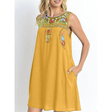 Load image into Gallery viewer, Sleeveless Round Neck Cotton and Linen Embroidered Midi Dress