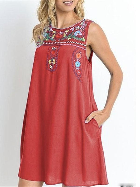 Sleeveless Round Neck Cotton and Linen Embroidered Midi Dress