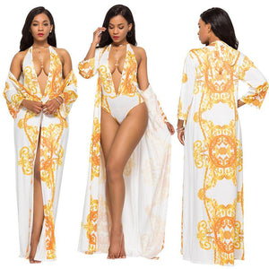 Plus Size Print Halter One Piece Sexy Backless Women Swimwear With Cover Ups Sunscreen