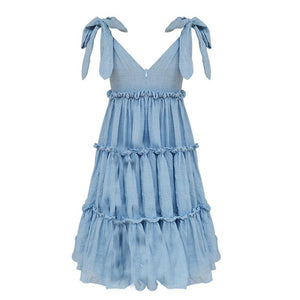 V-neck Lace-up Stitching Large Swing Mini Dress