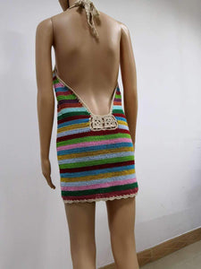 Colorful Striped Halter Knit Sexy Mini Dress